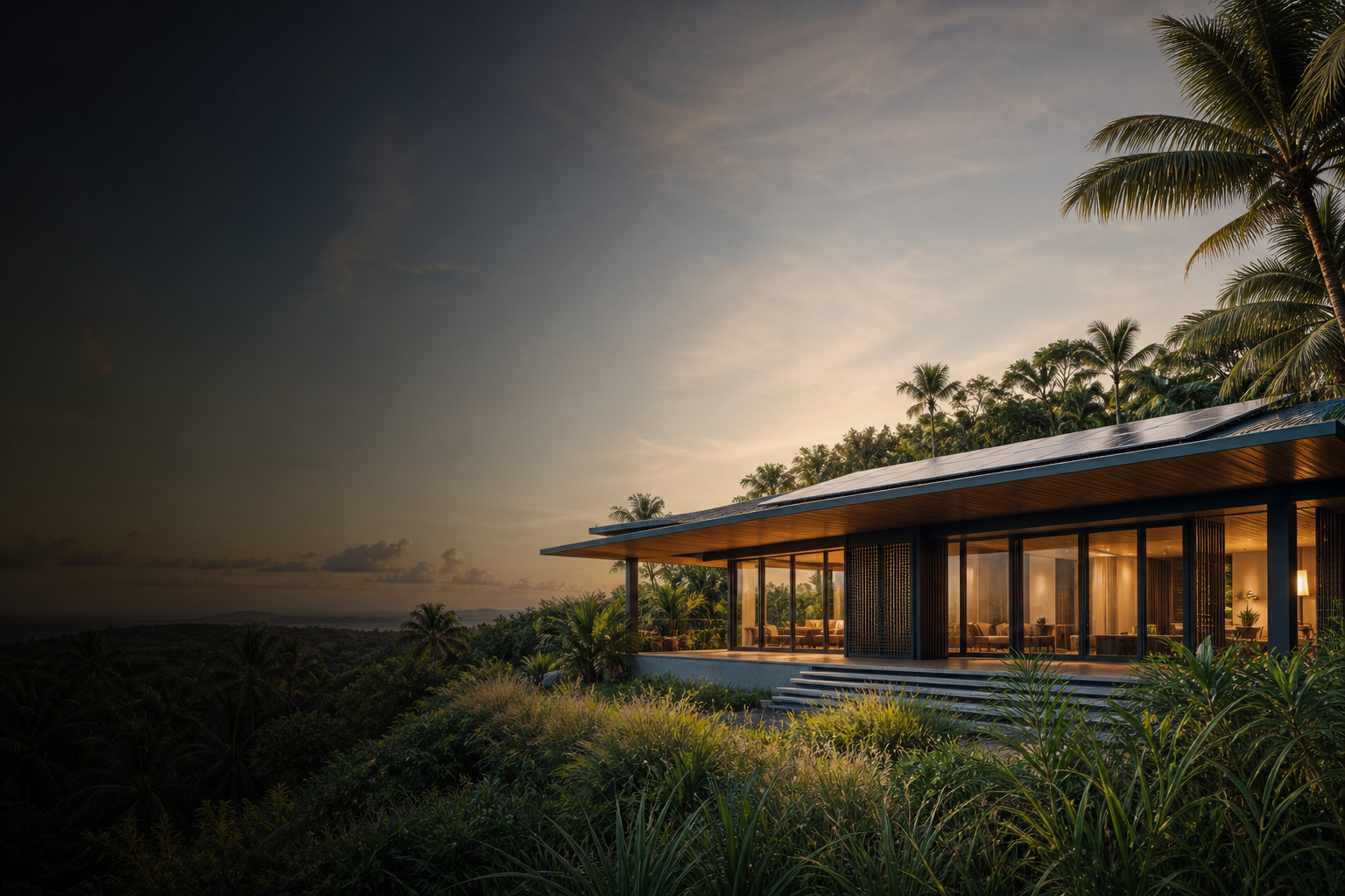 Modern climate-responsive Passive House in a tropical Philippine landscape at golden hour