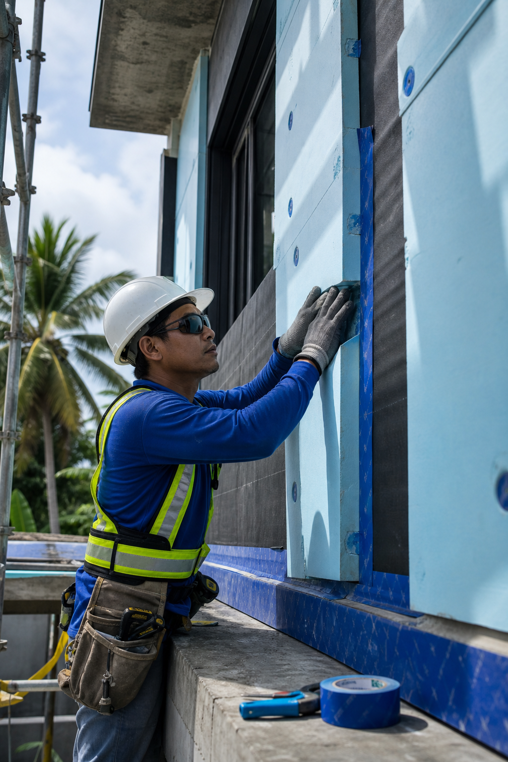 Builder installing insulation and a weather-resistive barrier on a home under construction in the Philippines