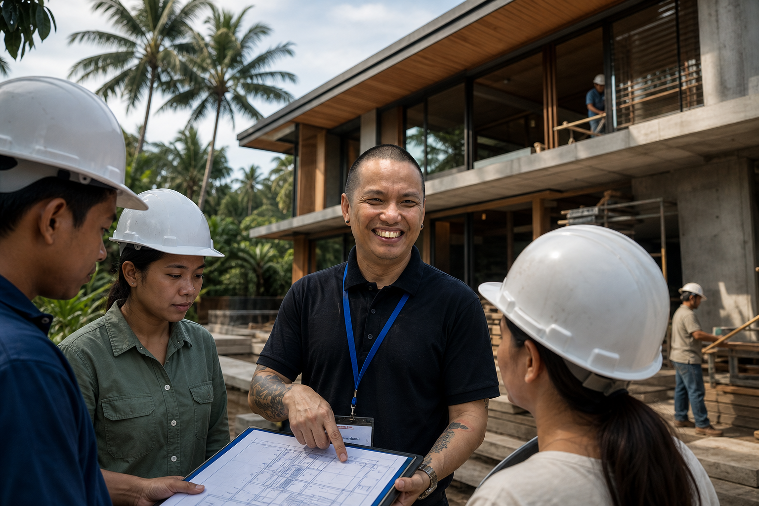 A certified Filipino Passive House builder reviewing plans on-site, smiling with the project team