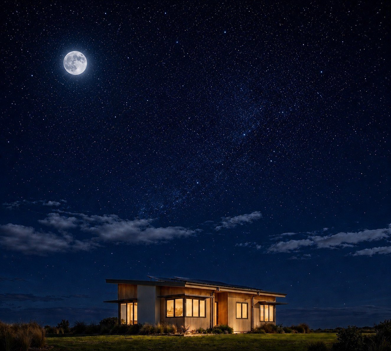 AI-generated view of the same home glowing under a starry night sky with a full moon