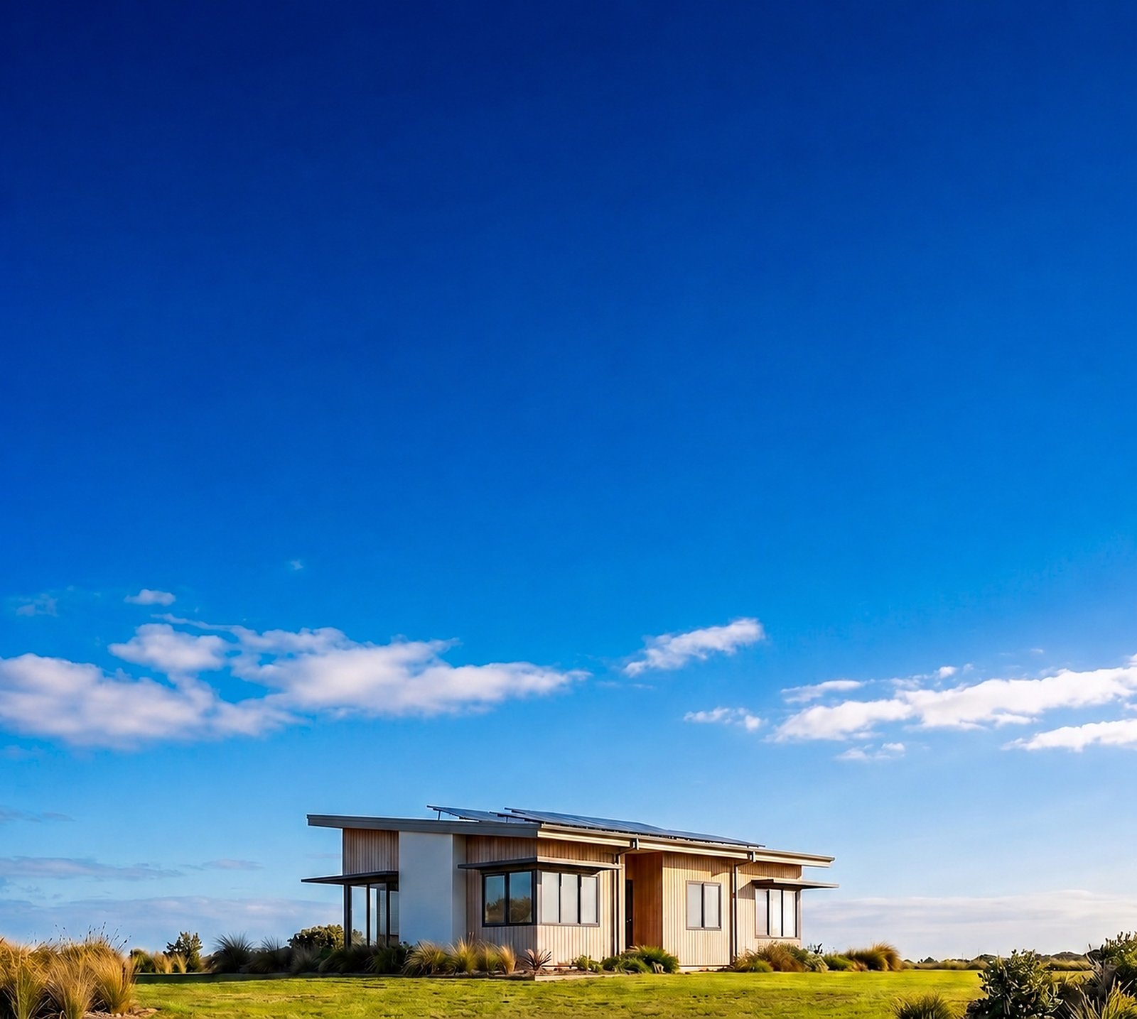 Modern single-story home with solar panels under open sky, placeholder photography