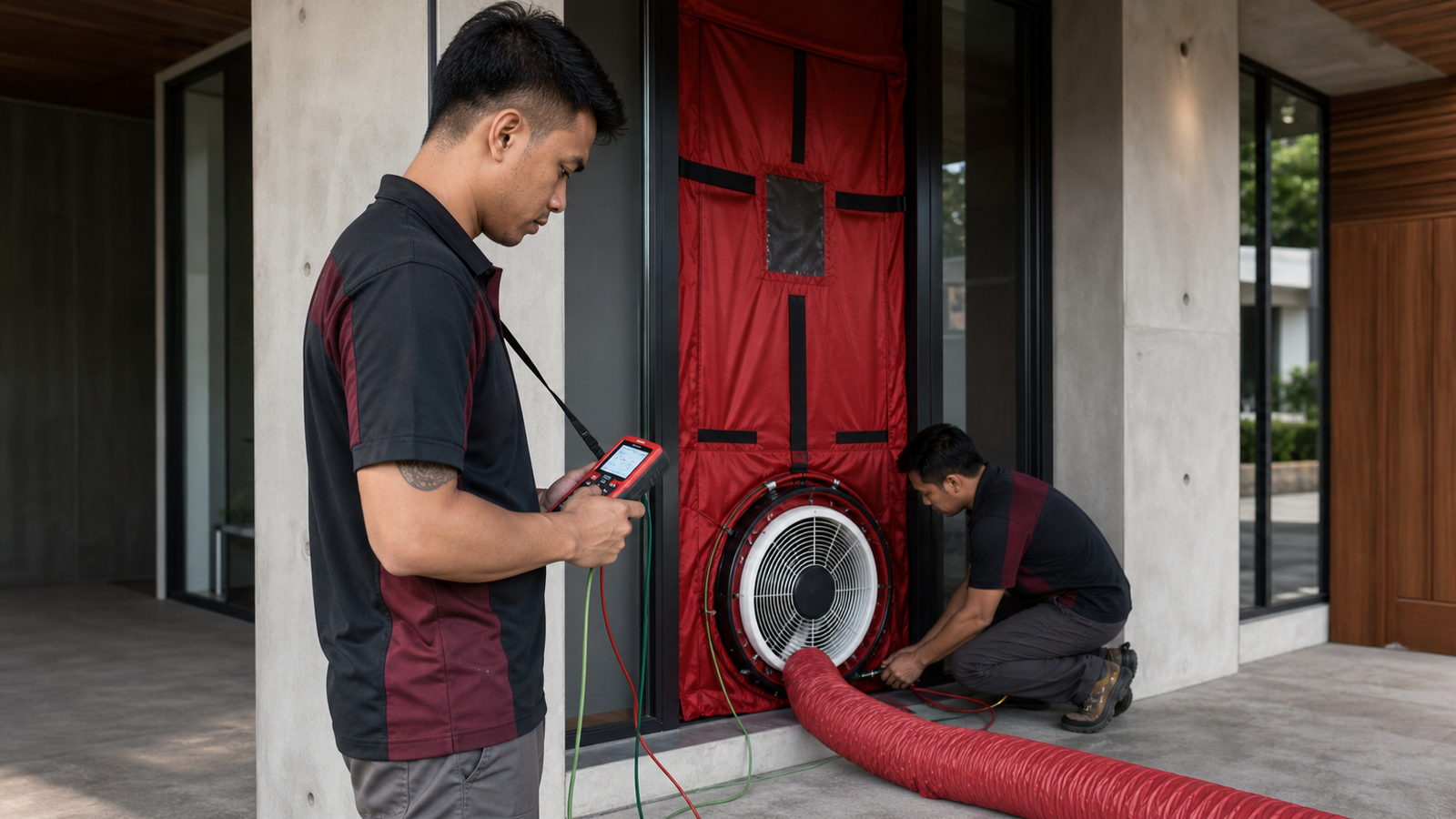 Blower door airtightness diagnostic testing